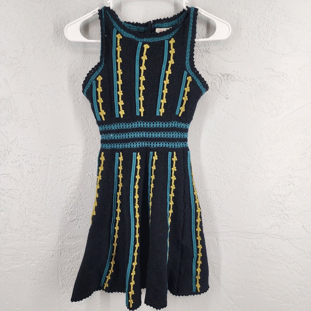 Anthropologie Small Black Vertical Stripe Crochet Knit‎ Wool Blend Dress Womens